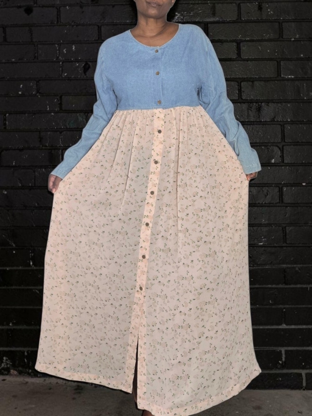 Vtg 90s EXP Spirit of Nimes Express Denim Floral Prairie Maxi Dress L